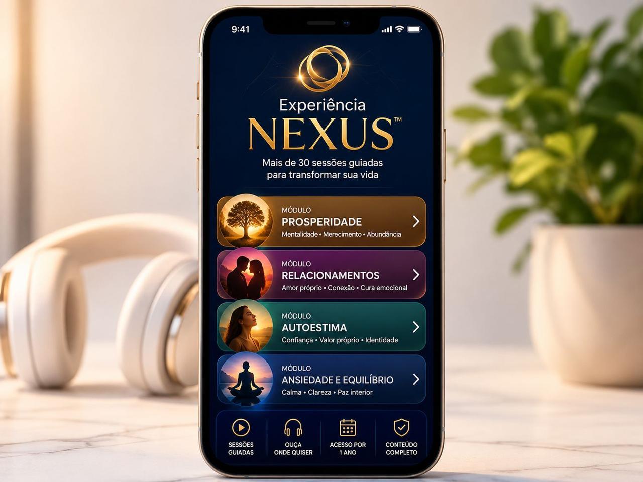 O app da Experiência Nexus no celular, com os módulos