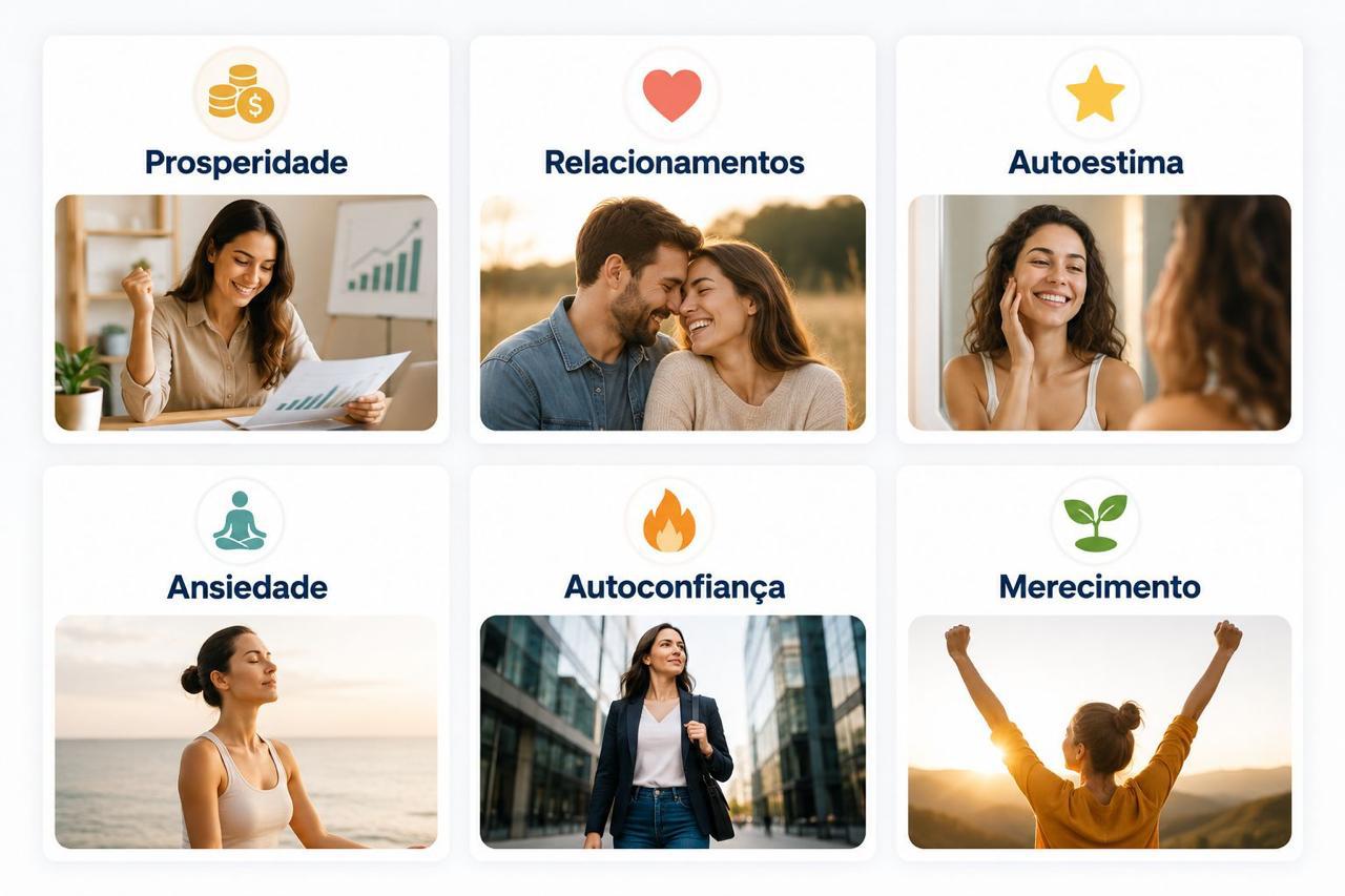 Os seis temas: Prosperidade, Relacionamentos, Autoestima, Ansiedade, Autoconfiança e Merecimento